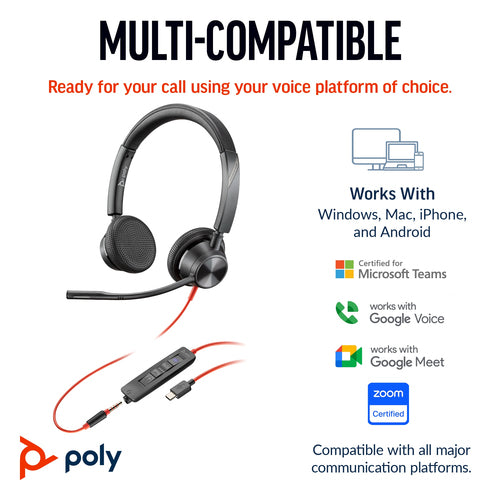 POLY Blackwire 3325 Stereo Microsoft Teams Certified USB-C Headset +3.5mm Plug +USB-C/A Adapter POLY Blackwire 3325 Stereo Microsoft Teams Certified USB-C Headset +3.5mm Plug +USB-C/A Adapter